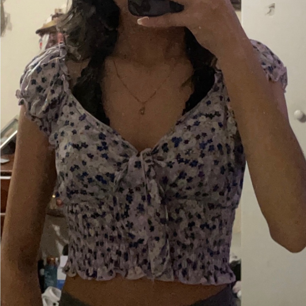 Light purple floral, tie front top. From SHEIN and a size small.